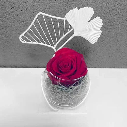 bouton de rose éternelle rouge dans un globe de verre entouré d'une décoration ginko blanche métal