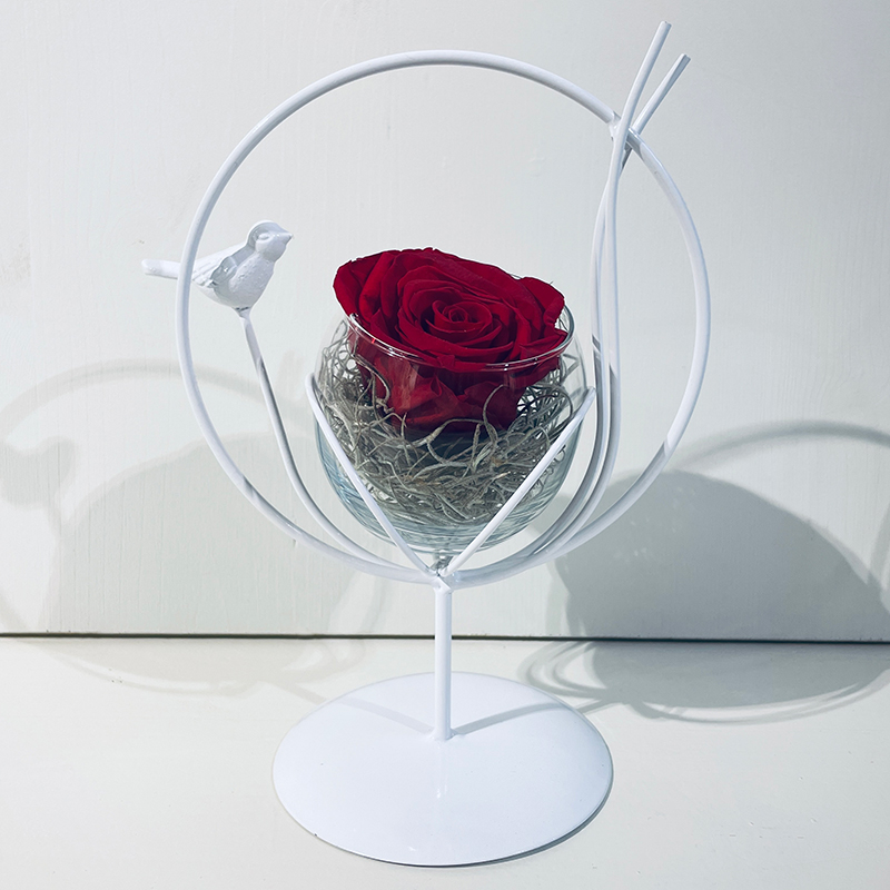 Oiseau Champêtre & Rose éternelle rouge en boule de verre - Roses éternelles